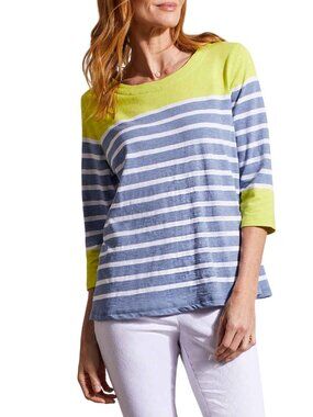 Tribal Sport Top Size Large Striped 3/4 Sleeve Blue Lime Green Cotton Coastal